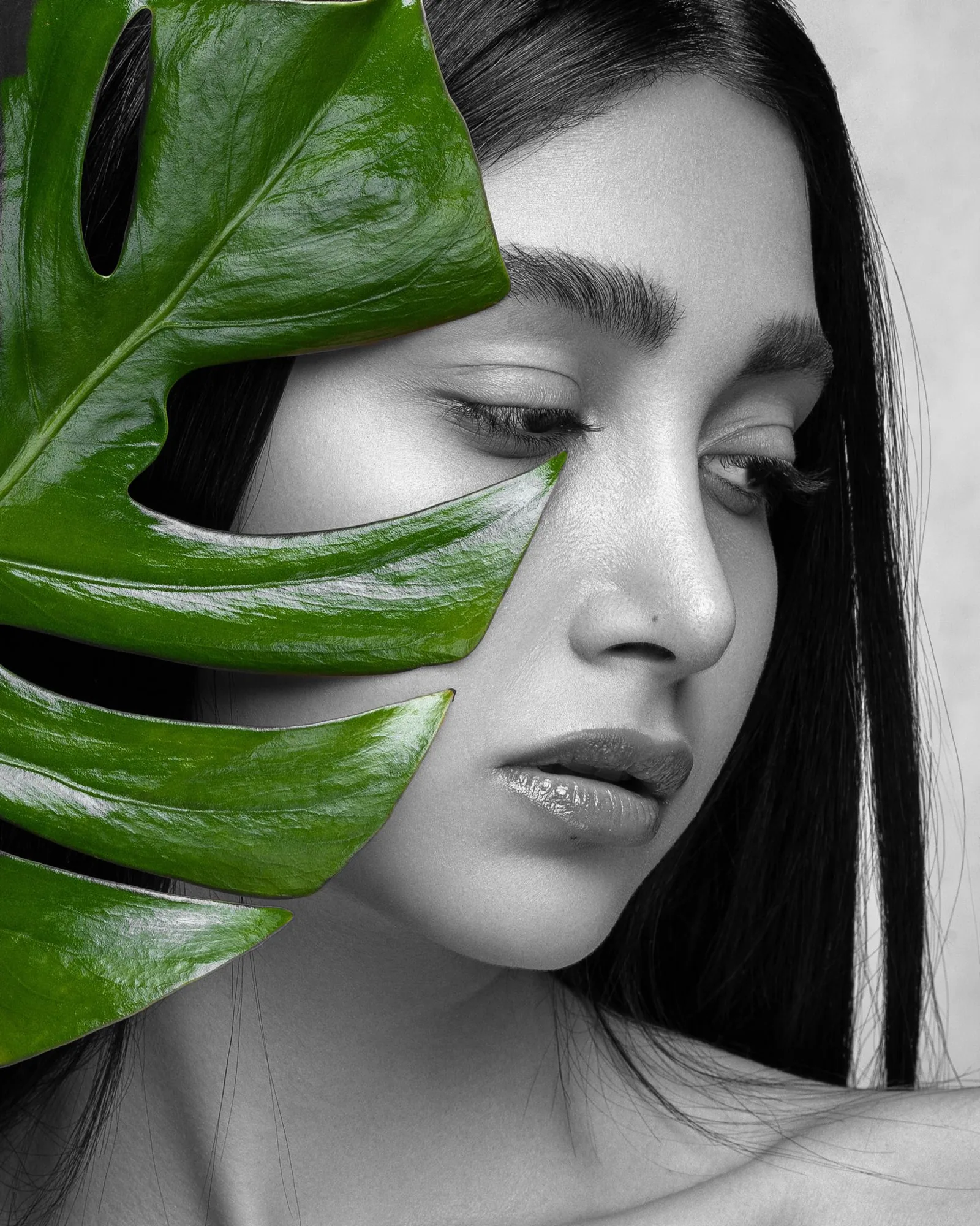 Schwarz-Weiss-Porträt mit Monstera-Blatt aus der Bildwelt von Velvet Skin